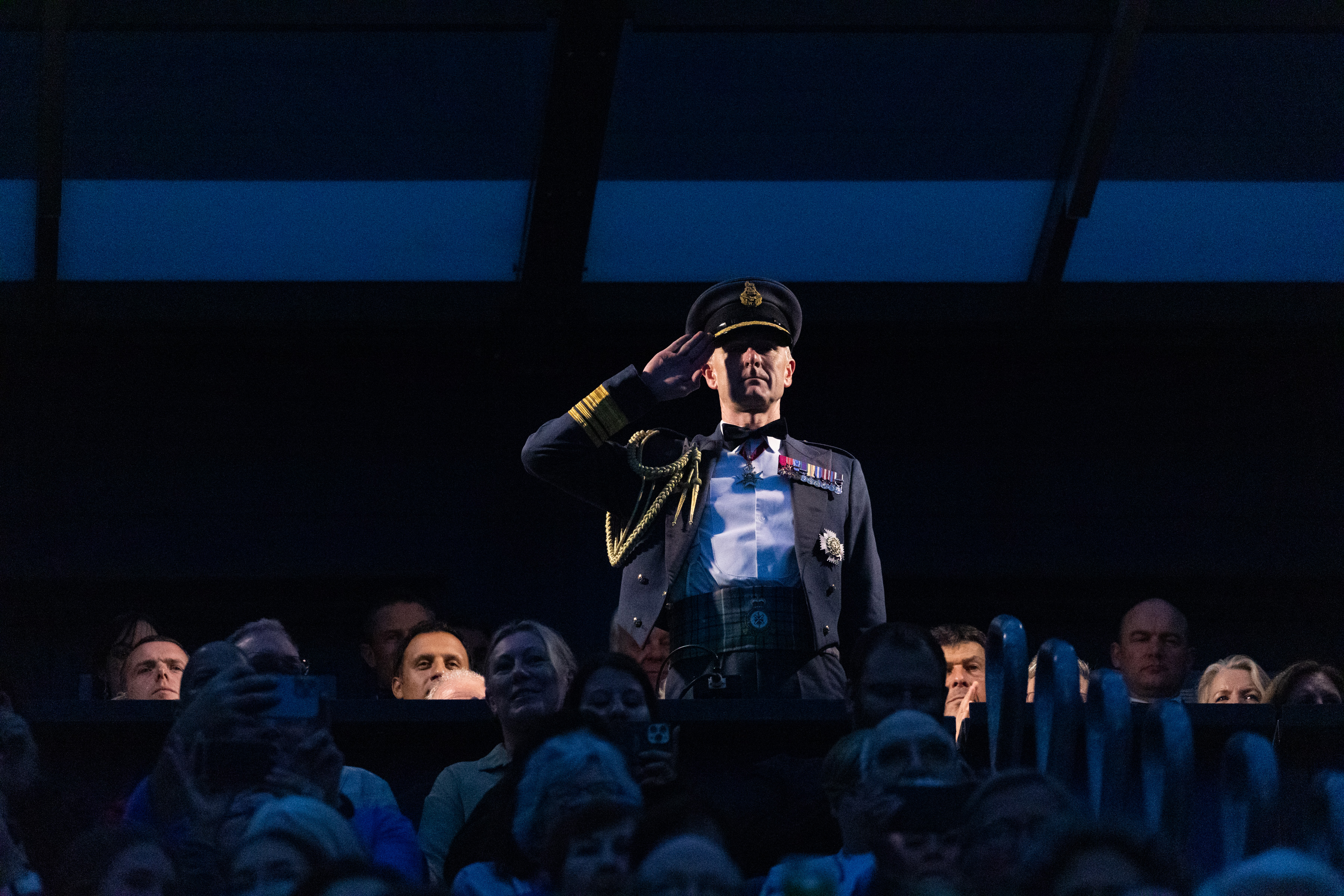 Image shows RAF aviator saluting amid public crowd.
